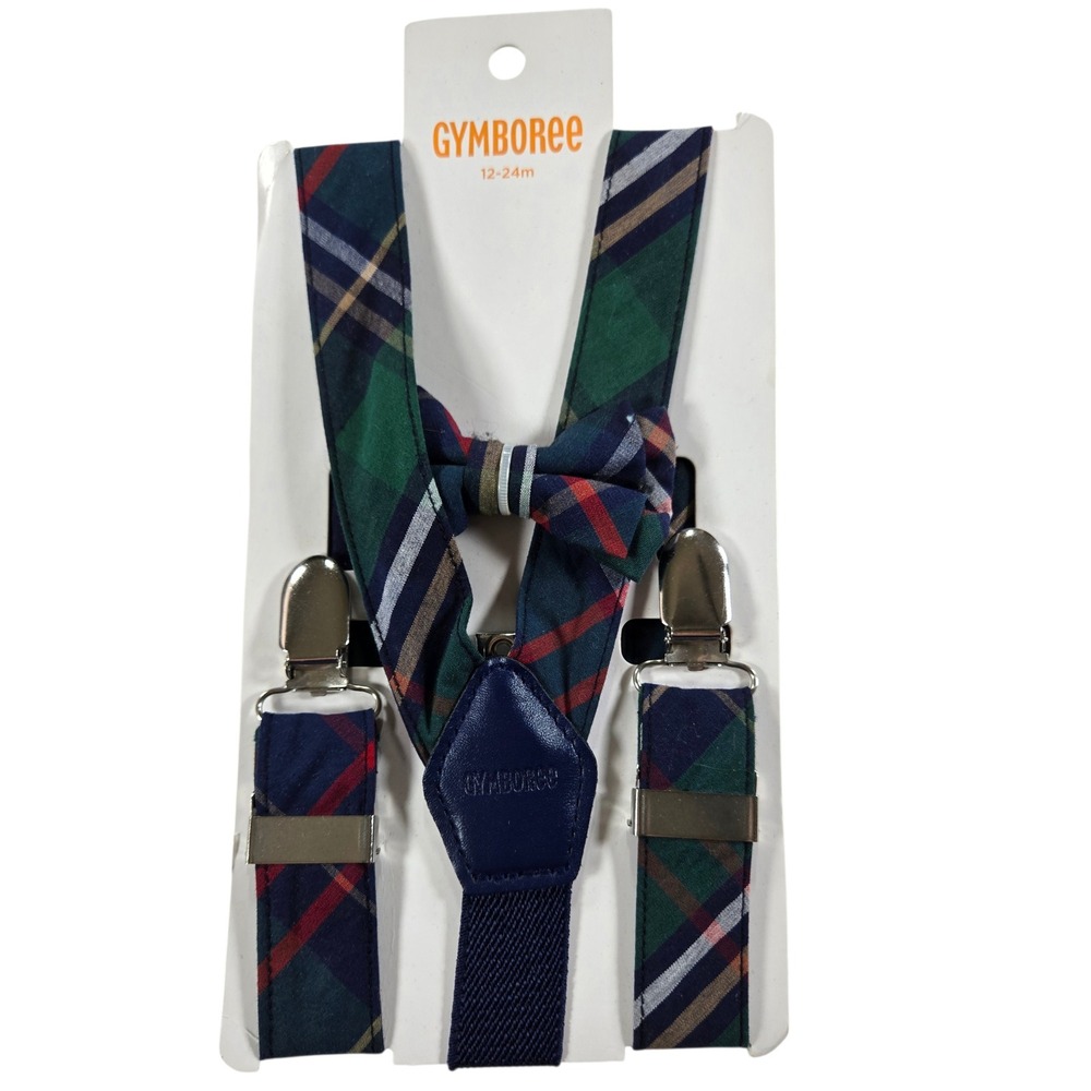 NEW Gymboree Toddler Boys Plaid Bow Tie and Suspenders Set Navy Green Red 12-24m